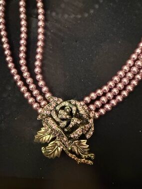 Heidi Daus Triple-Strand Mauve Pearl Necklace with Rose Pendant